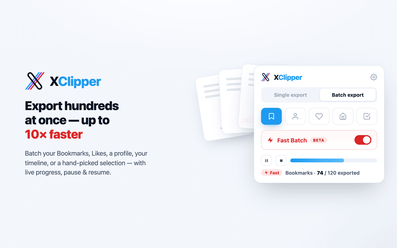 XClipper batch export — clip bookmarks, likes, a profile, or your timeline in one job