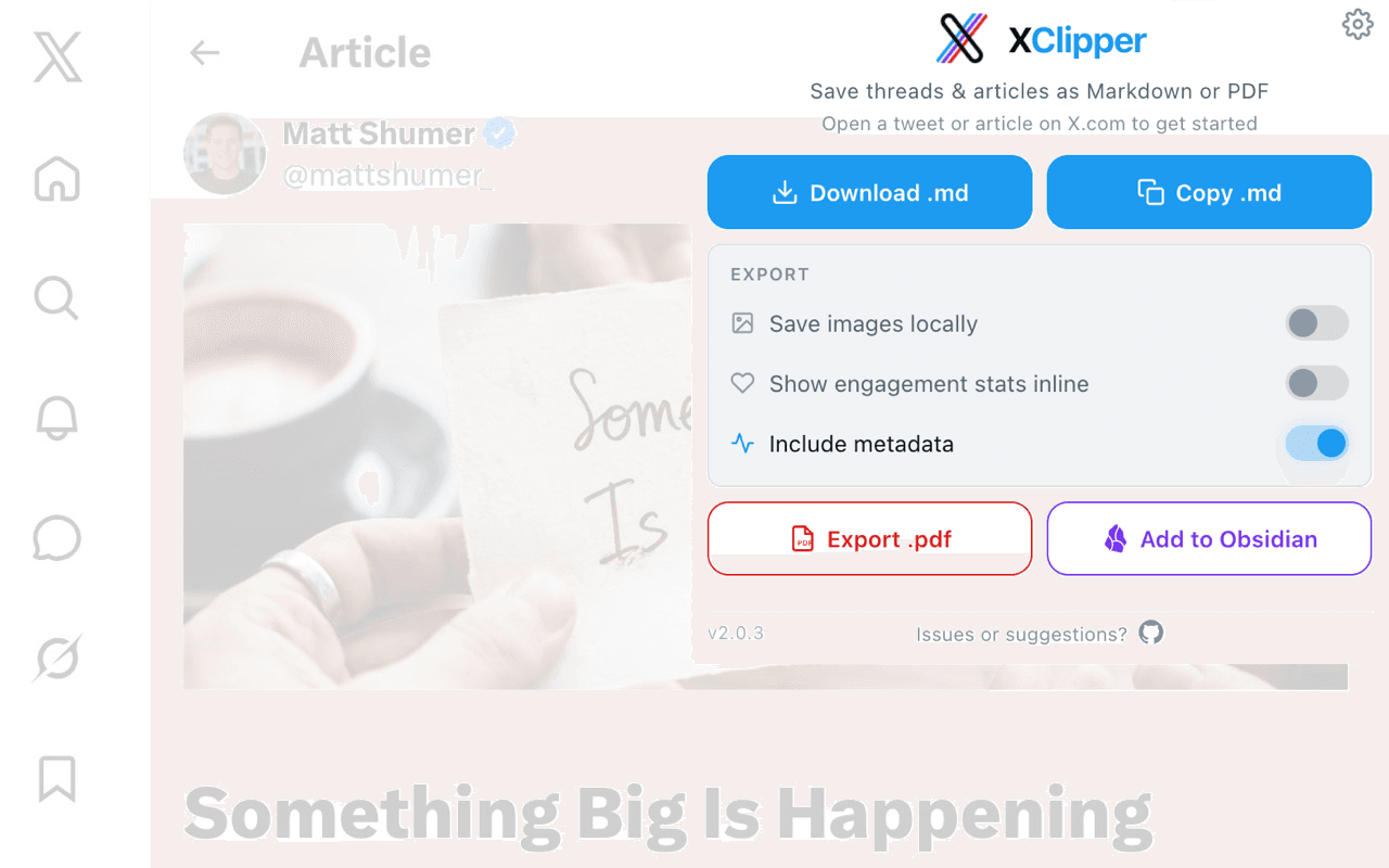 XClipper popup with export options