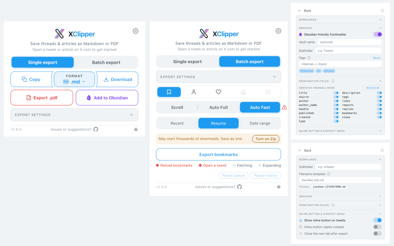 XClipper single and batch export popups alongside Obsidian, frontmatter, and download settings